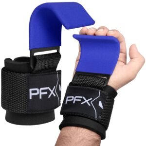 PFX Sports Weight Lifting Hooks – Heavy-Duty Steel Hook Straps for Deadlifts, Pull-Ups, and Strength Training – blue