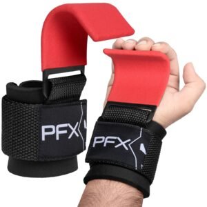 PFX Sports Weight Lifting Hooks – Heavy-Duty Steel Hook Straps for Deadlifts, Pull-Ups, and Strength Training – red