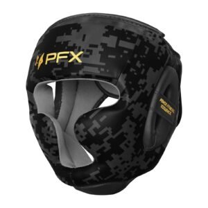 PFX Sports Digital Camo Headguard | Premium Leather Boxing Head Gear for Sparring & Training – Black / Gold