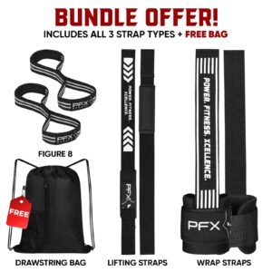 PFX Grip Strength Bundle (Weightlifting Wrap Straps, Lifting Straps & Figure 8 Straps) + Free Drawstring Bag