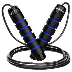PFX Sports Adjustable Skipping Rope – Steel Wire Jump Rope with Non-Slip Handles & 360° Ball Bearings – blue