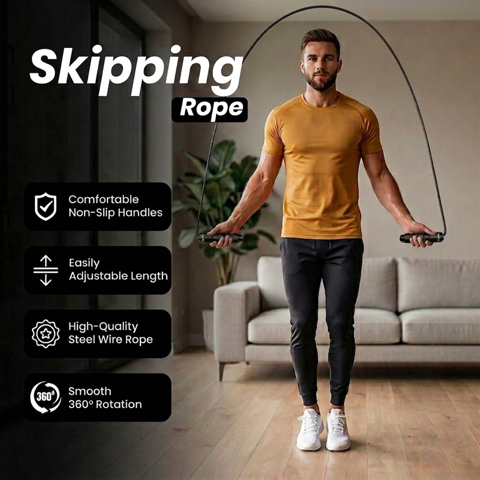 PFX Sports Adjustable Skipping Rope – Steel Wire Jump Rope with Non-Slip Handles & 360° Ball Bearings – black - Image 2