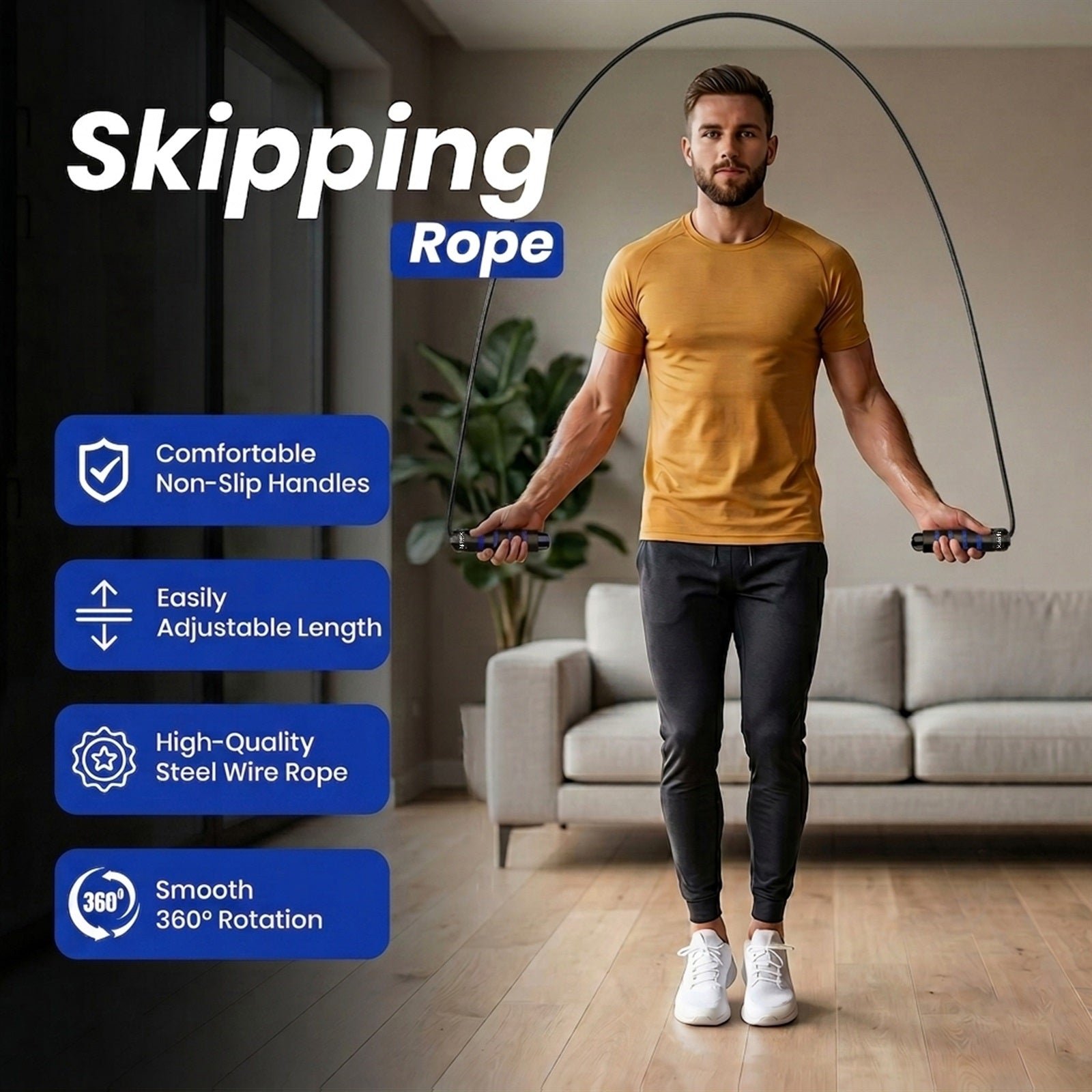 PFX Sports Adjustable Skipping Rope – Steel Wire Jump Rope with Non-Slip Handles & 360° Ball Bearings – blue - Image 2