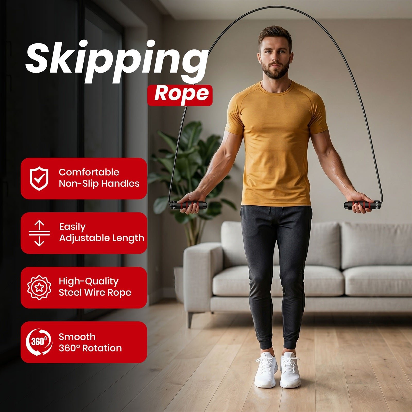 PFX Sports Adjustable Skipping Rope – Steel Wire Jump Rope with Non-Slip Handles & 360° Ball Bearings – red-1 - Image 2