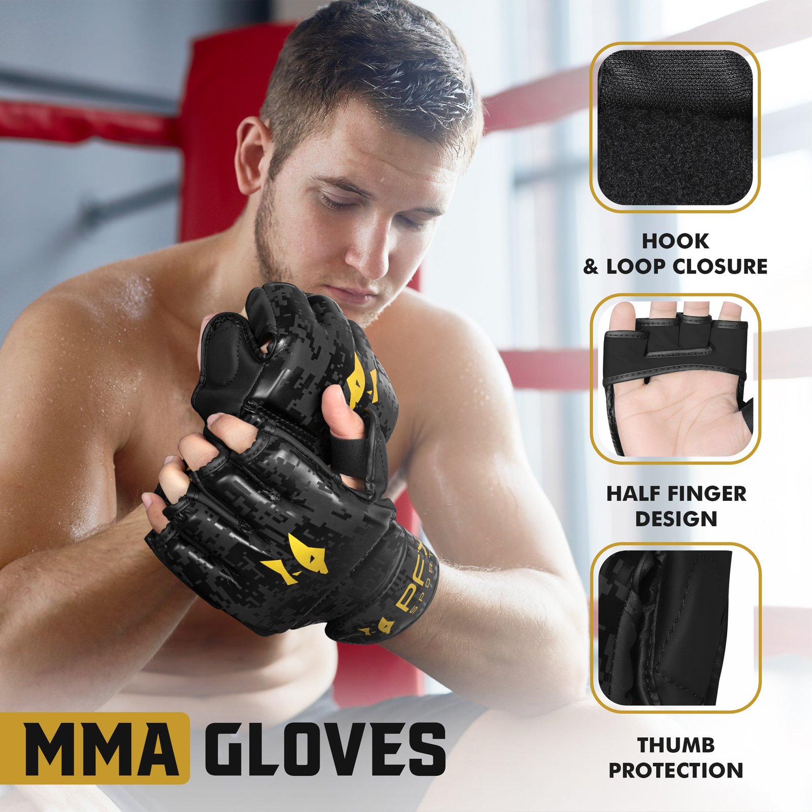 PFX MMA Fighting Gloves – Black / Gold - Image 2
