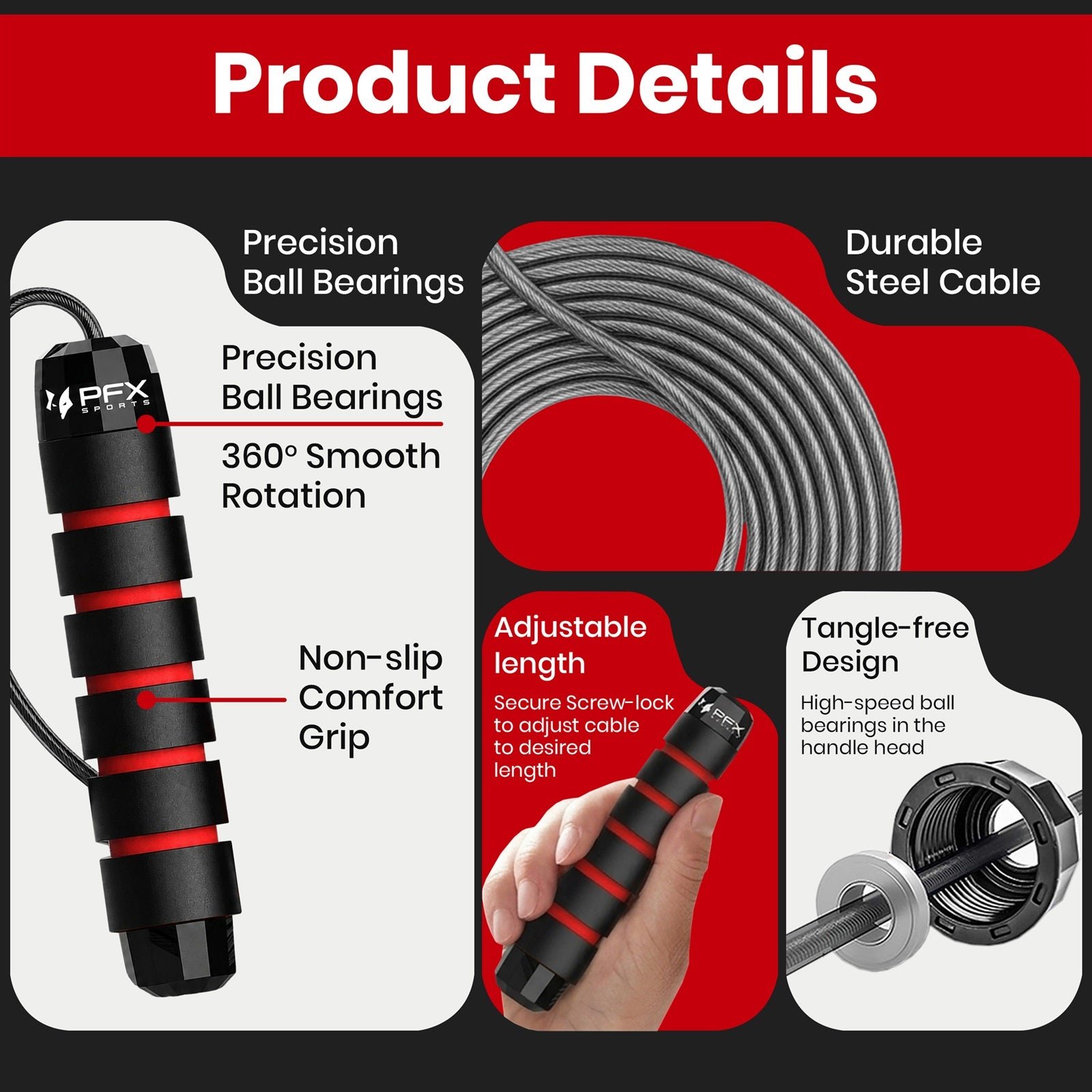 PFX Sports Adjustable Skipping Rope – Steel Wire Jump Rope with Non-Slip Handles & 360° Ball Bearings – red-1 - Image 3