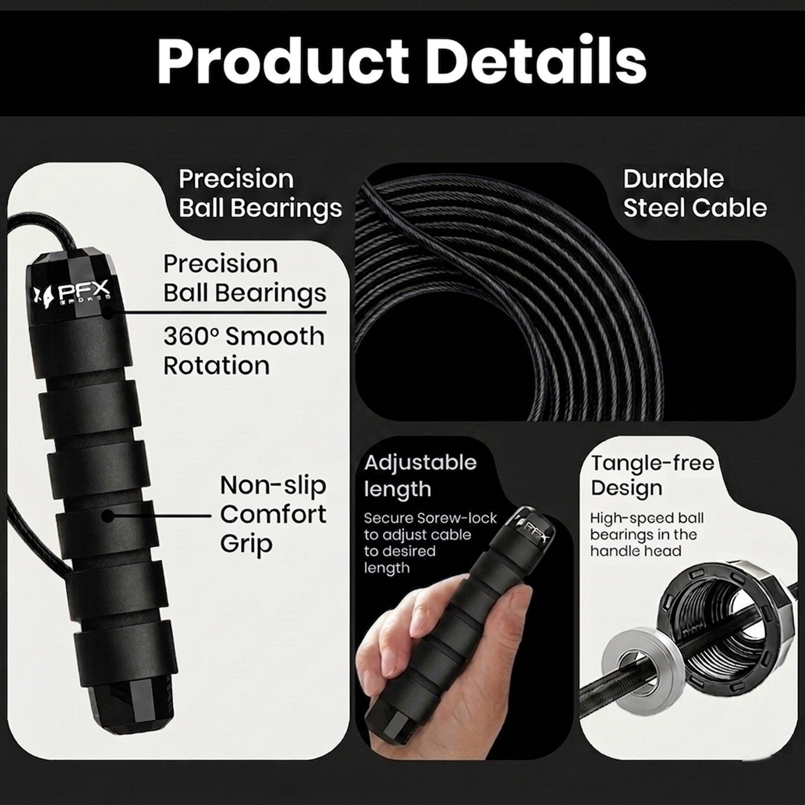 PFX Sports Adjustable Skipping Rope – Steel Wire Jump Rope with Non-Slip Handles & 360° Ball Bearings – black - Image 3
