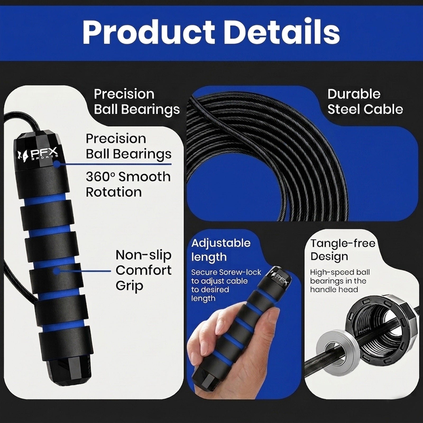 PFX Sports Adjustable Skipping Rope – Steel Wire Jump Rope with Non-Slip Handles & 360° Ball Bearings – blue - Image 3