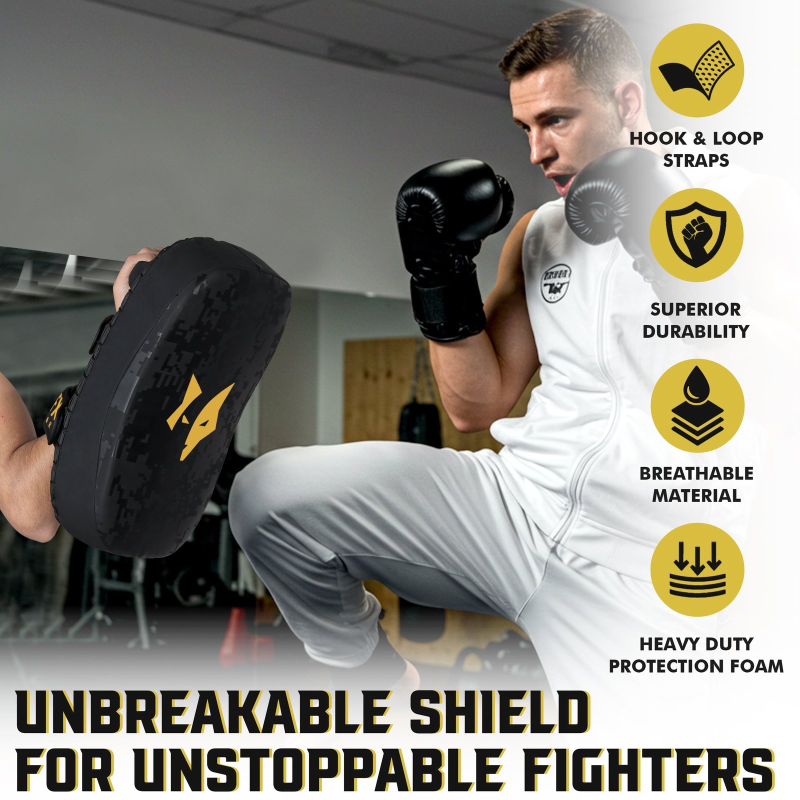 PFX Muay Thai Pad: Kickboxing & MMA Strike Shield – Black / Gold - Image 3