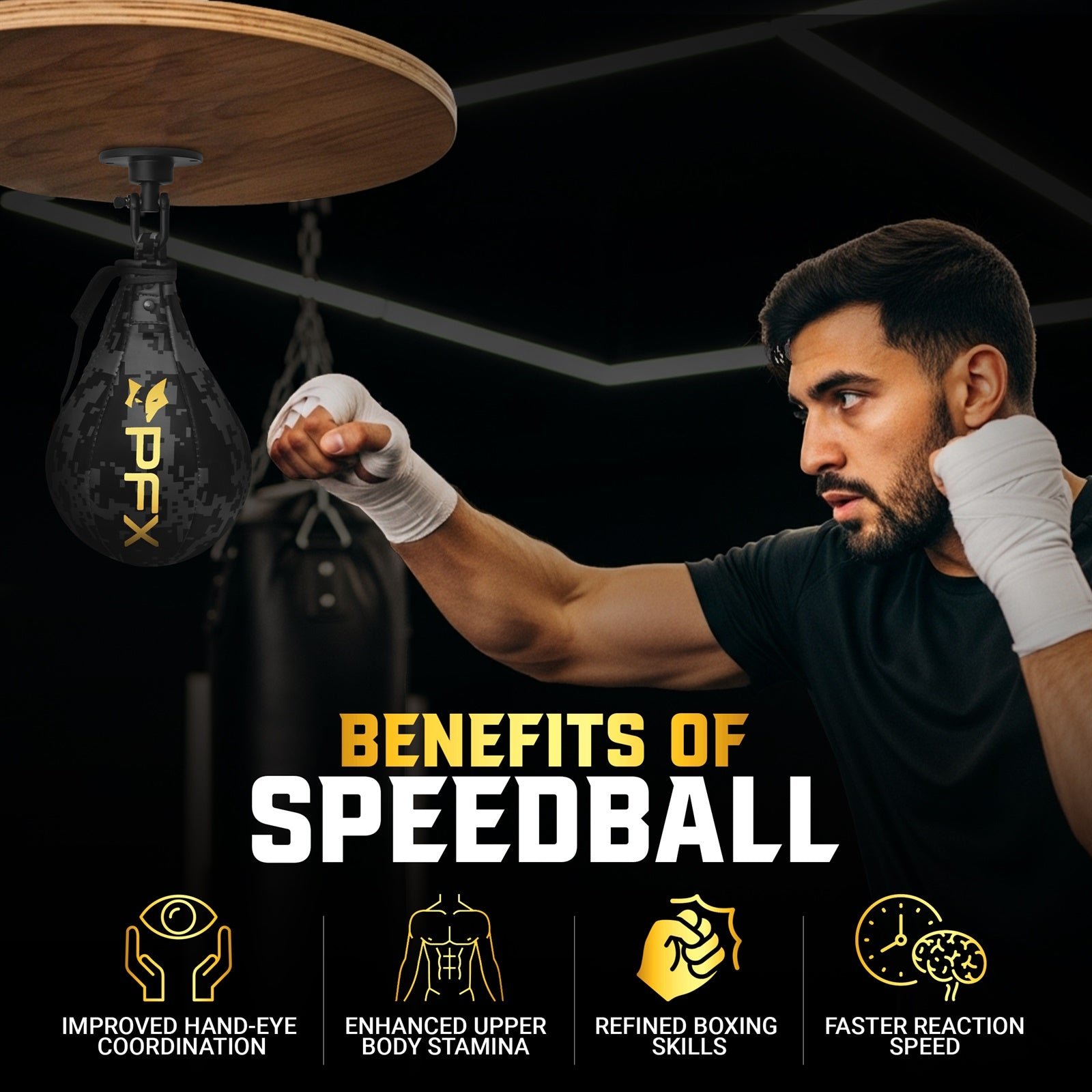 PFX Pro-Series Speed Bag | Premium PU Leather Boxing Speed Ball with 360° Swivel – Black / Gold - Image 4