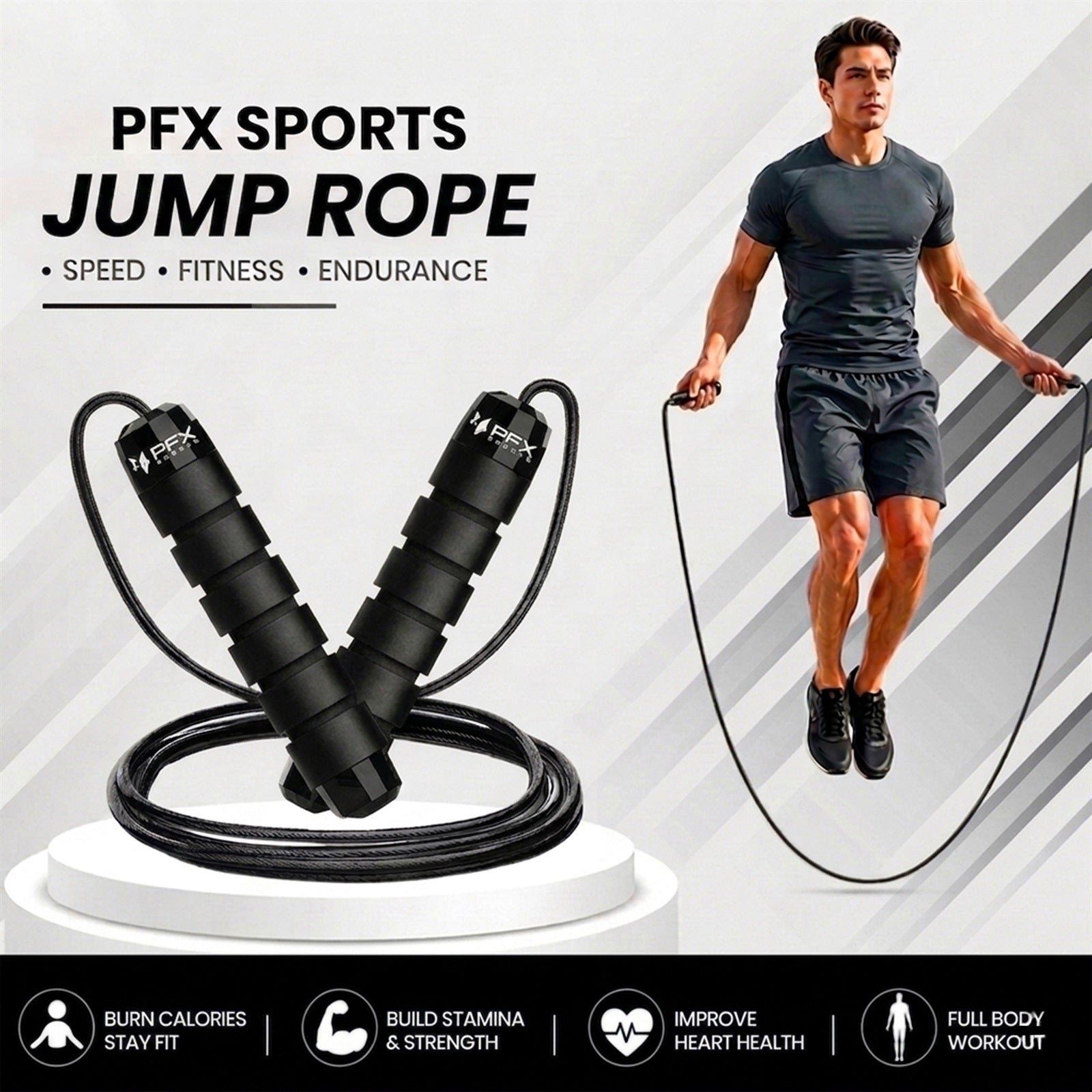 PFX Sports Adjustable Skipping Rope – Steel Wire Jump Rope with Non-Slip Handles & 360° Ball Bearings – black - Image 4