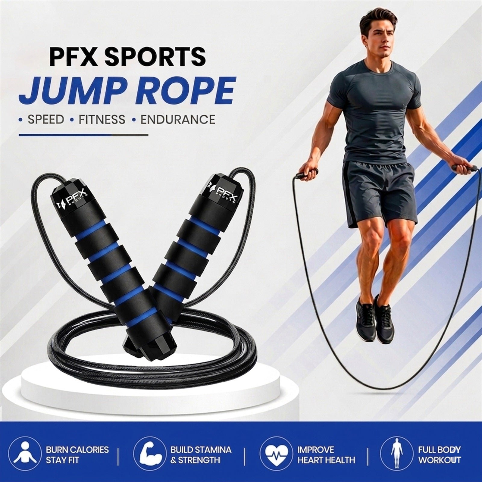 PFX Sports Adjustable Skipping Rope – Steel Wire Jump Rope with Non-Slip Handles & 360° Ball Bearings – blue - Image 4