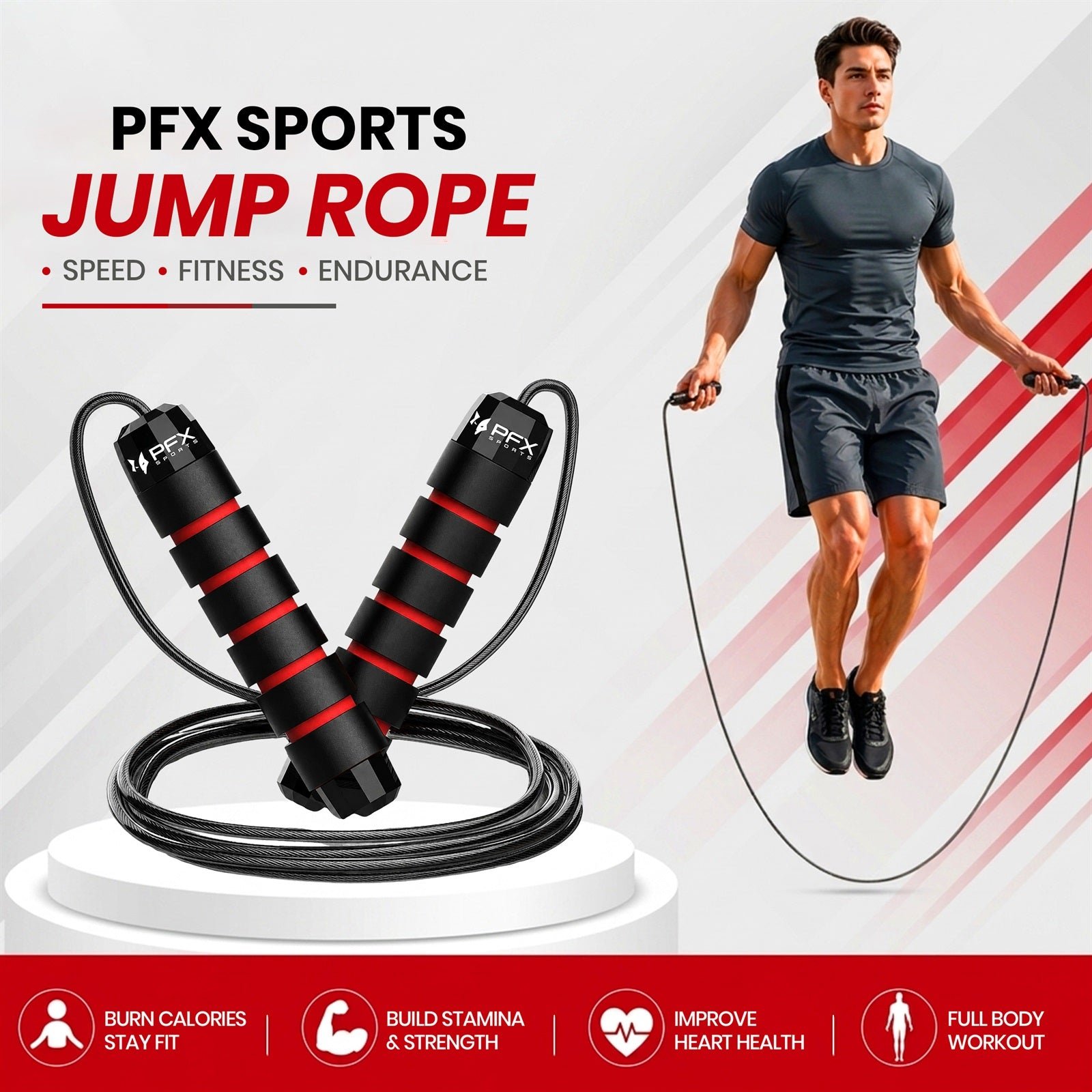 PFX Sports Adjustable Skipping Rope – Steel Wire Jump Rope with Non-Slip Handles & 360° Ball Bearings – red-1 - Image 4