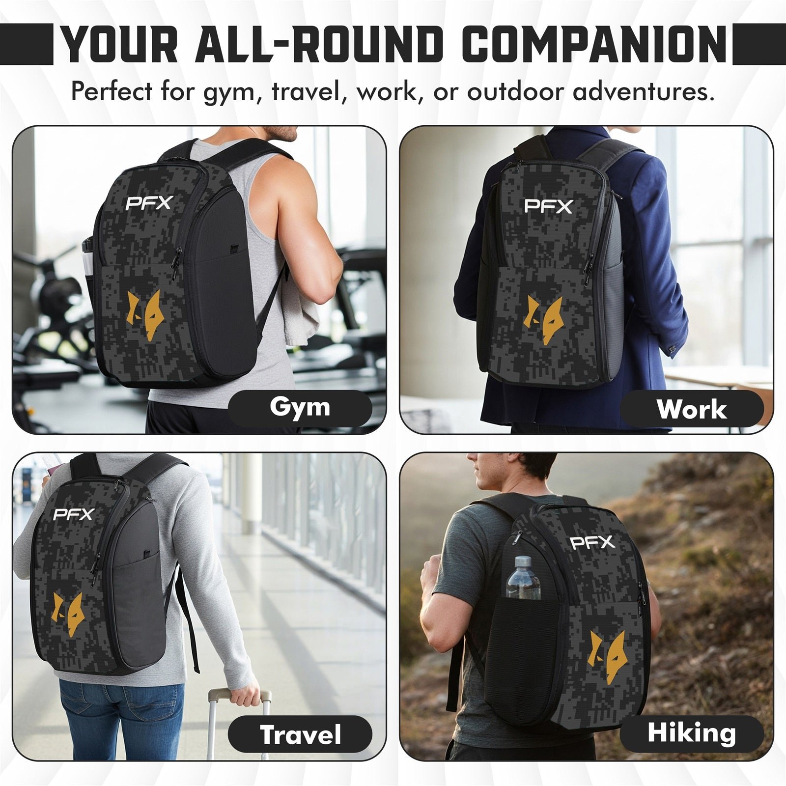 PFX Sports Digital Camo Backpack | Tactical Gear & Utility Bag (Black/Gold Camo) – white - Image 7