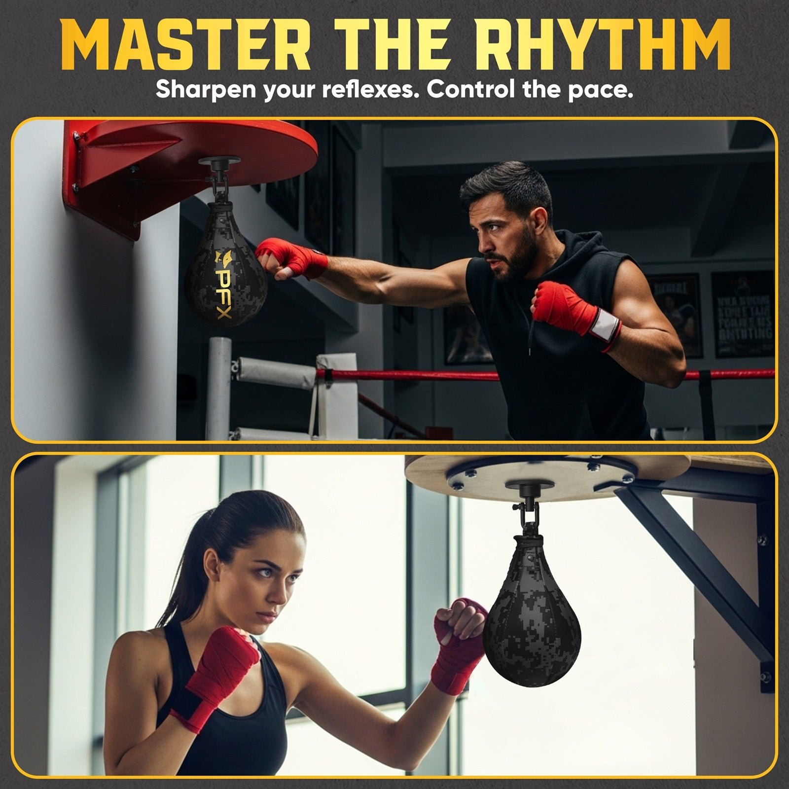 PFX Pro-Series Speed Bag | Premium PU Leather Boxing Speed Ball with 360° Swivel – Black / Gold - Image 6